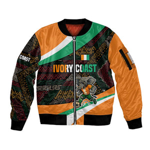 Ivory Coast Elephants Football Sleeve Zip Bomber Jacket Soccer with Tribal Pattern - African Pride
