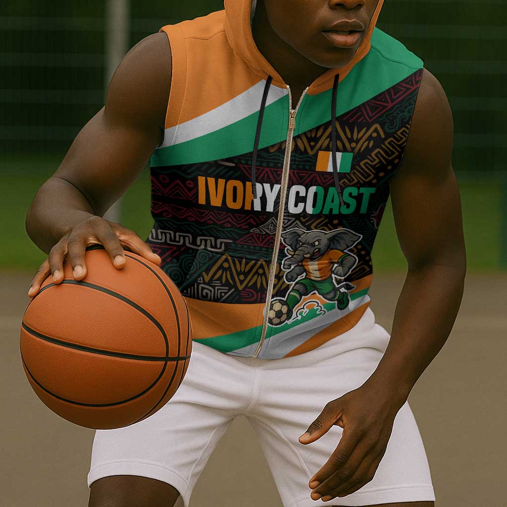 Ivory Coast Elephants Football Sleeveless Zip Hoodie Soccer with Tribal Pattern - African Pride