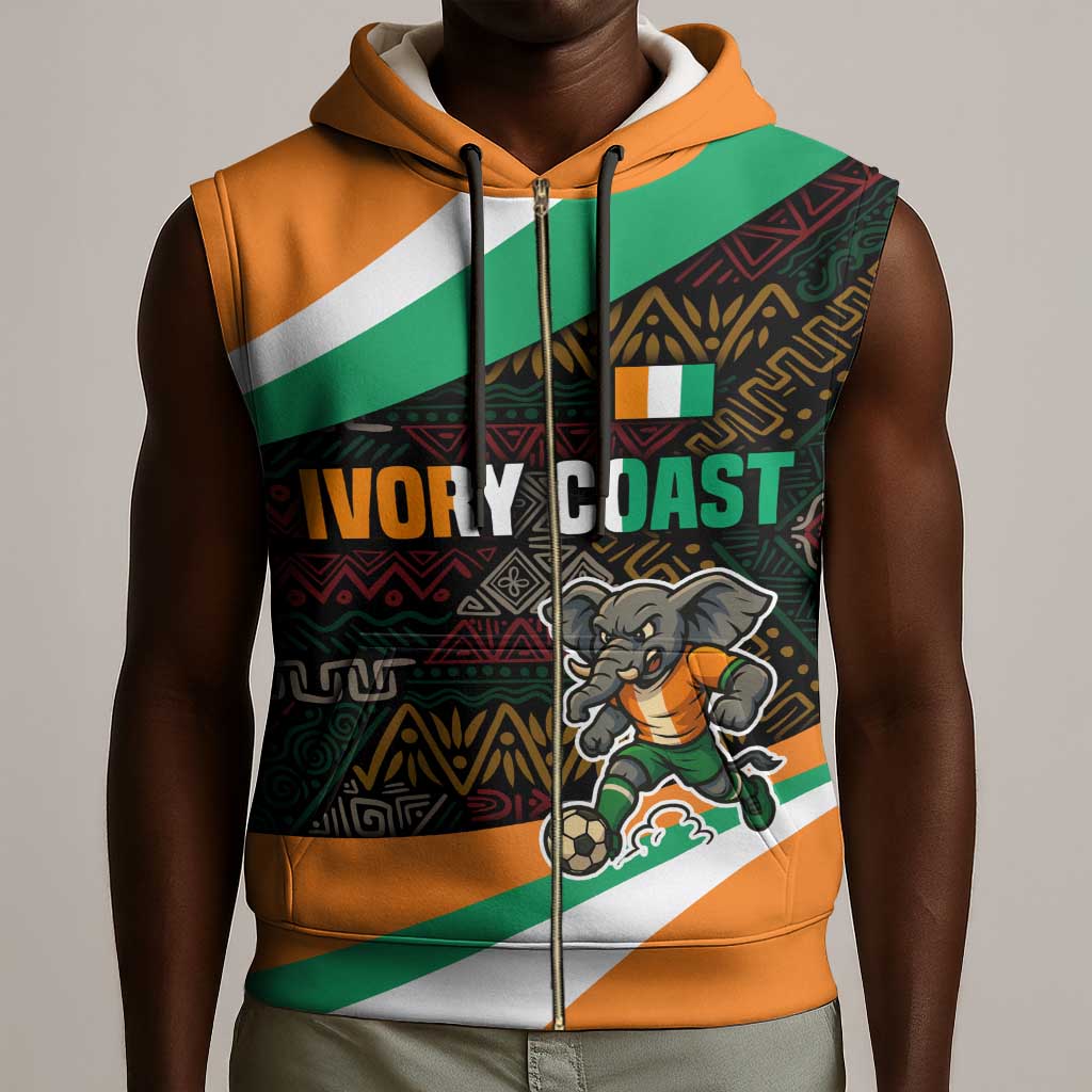 Ivory Coast Elephants Football Sleeveless Zip Hoodie Soccer with Tribal Pattern - African Pride