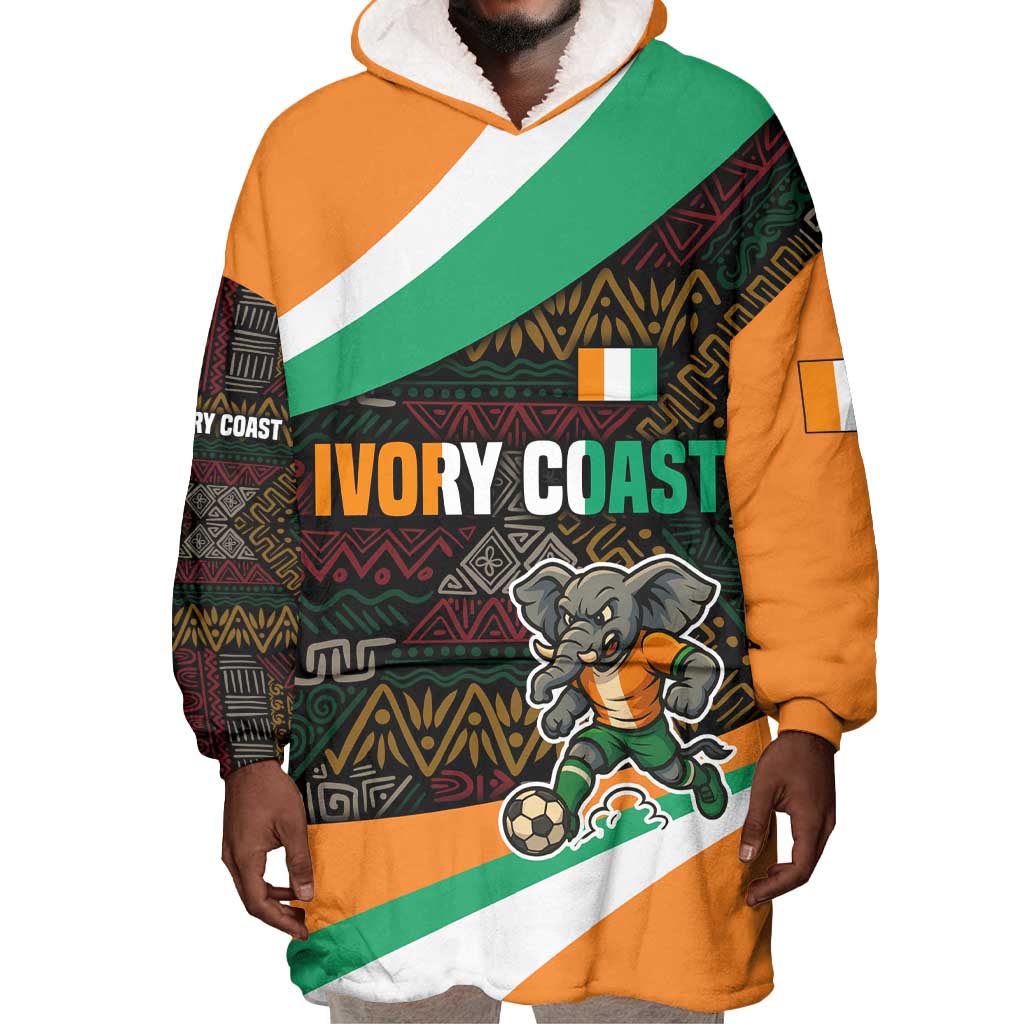 Ivory Coast Elephants Football Wearable Blanket Hoodie Soccer with Tribal Pattern - African Pride