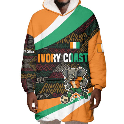 Ivory Coast Elephants Football Wearable Blanket Hoodie Soccer with Tribal Pattern - African Pride