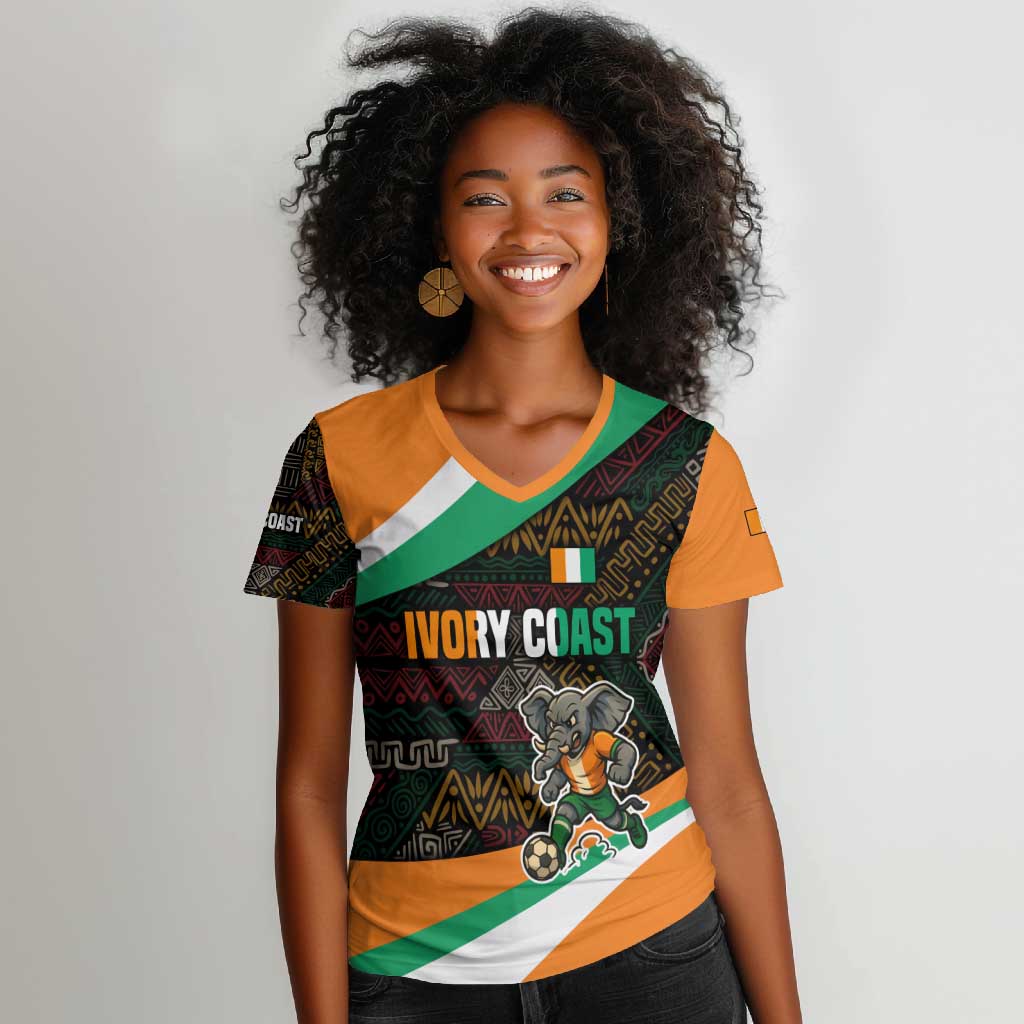 Ivory Coast Elephants Football Women V-Neck T-Shirt Soccer with Tribal Pattern - African Pride
