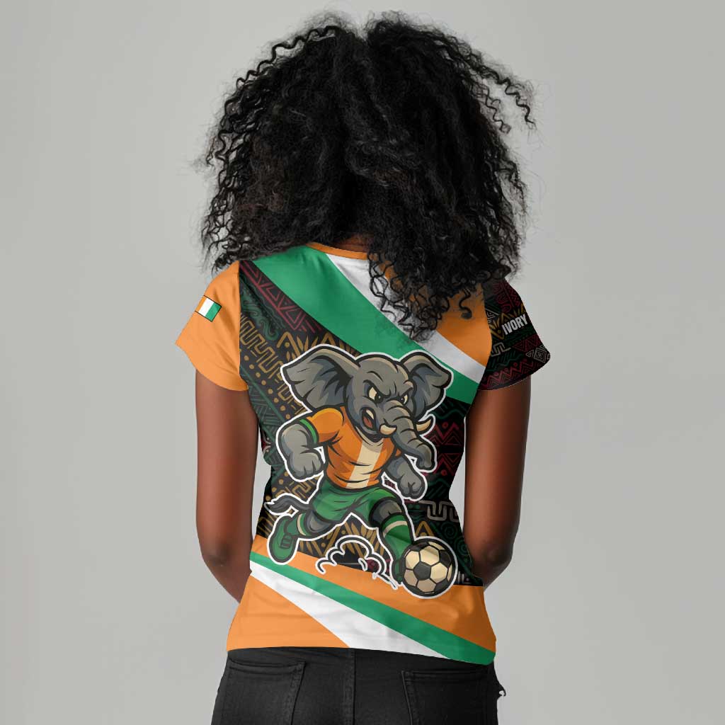 Ivory Coast Elephants Football Women V-Neck T-Shirt Soccer with Tribal Pattern - African Pride