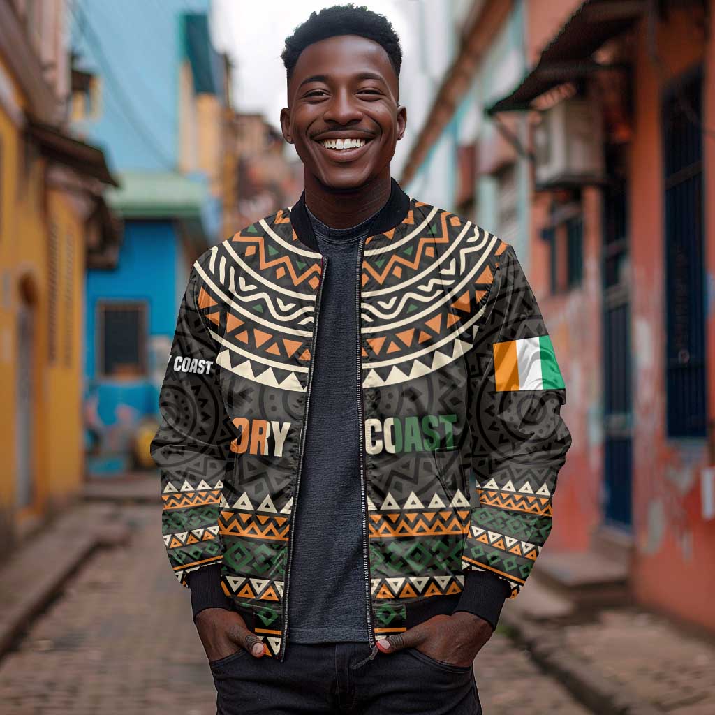 Ivory Coast African Pattern Bomber Jacket Ethnic Geometric and National Motto - African Pride