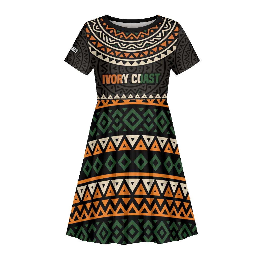 Ivory Coast African Pattern Kid Short Sleeve Dress Ethnic Geometric and National Motto - African Pride