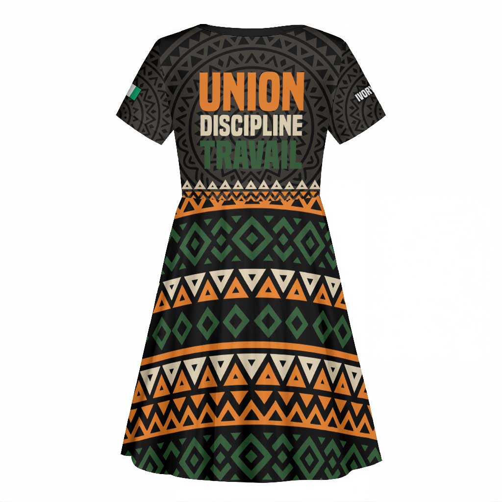 Ivory Coast African Pattern Kid Short Sleeve Dress Ethnic Geometric and National Motto - African Pride