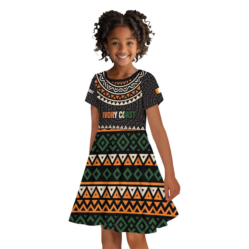 Ivory Coast African Pattern Kid Short Sleeve Dress Ethnic Geometric and National Motto - African Pride