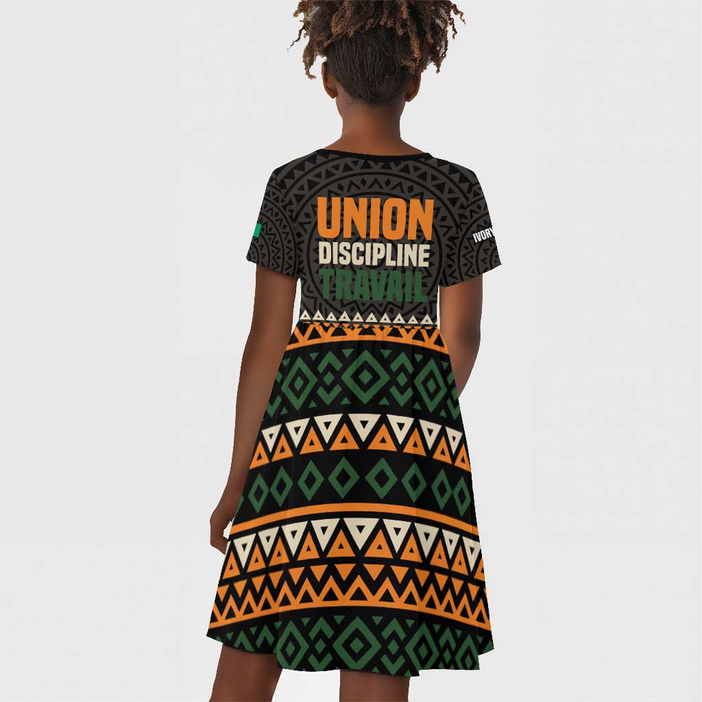 Ivory Coast African Pattern Kid Short Sleeve Dress Ethnic Geometric and National Motto - African Pride