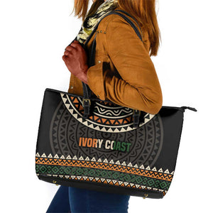 Ivory Coast African Pattern Leather Tote Bag Ethnic Geometric and National Motto - African Pride