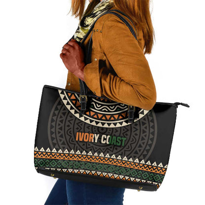 Ivory Coast African Pattern Leather Tote Bag Ethnic Geometric and National Motto - African Pride