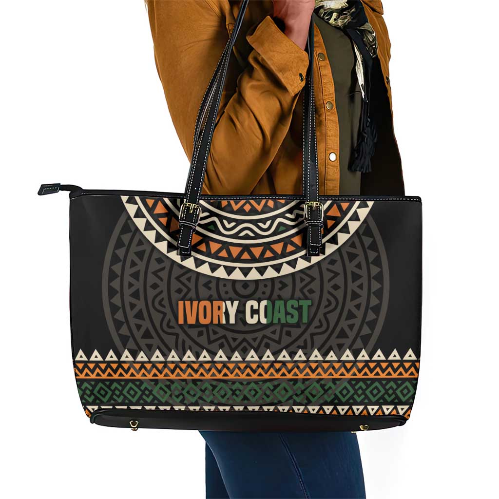 Ivory Coast African Pattern Leather Tote Bag Ethnic Geometric and National Motto - African Pride