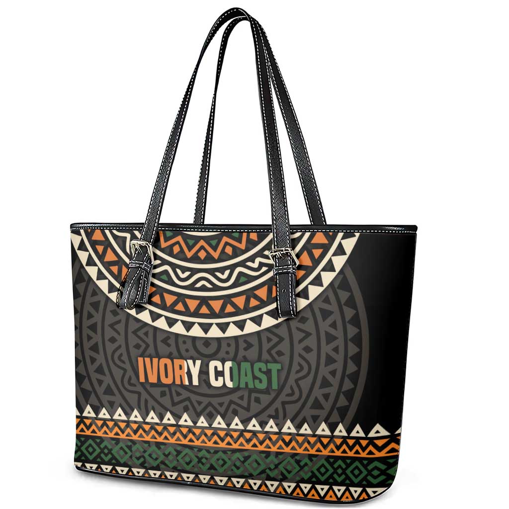 Ivory Coast African Pattern Leather Tote Bag Ethnic Geometric and National Motto - African Pride