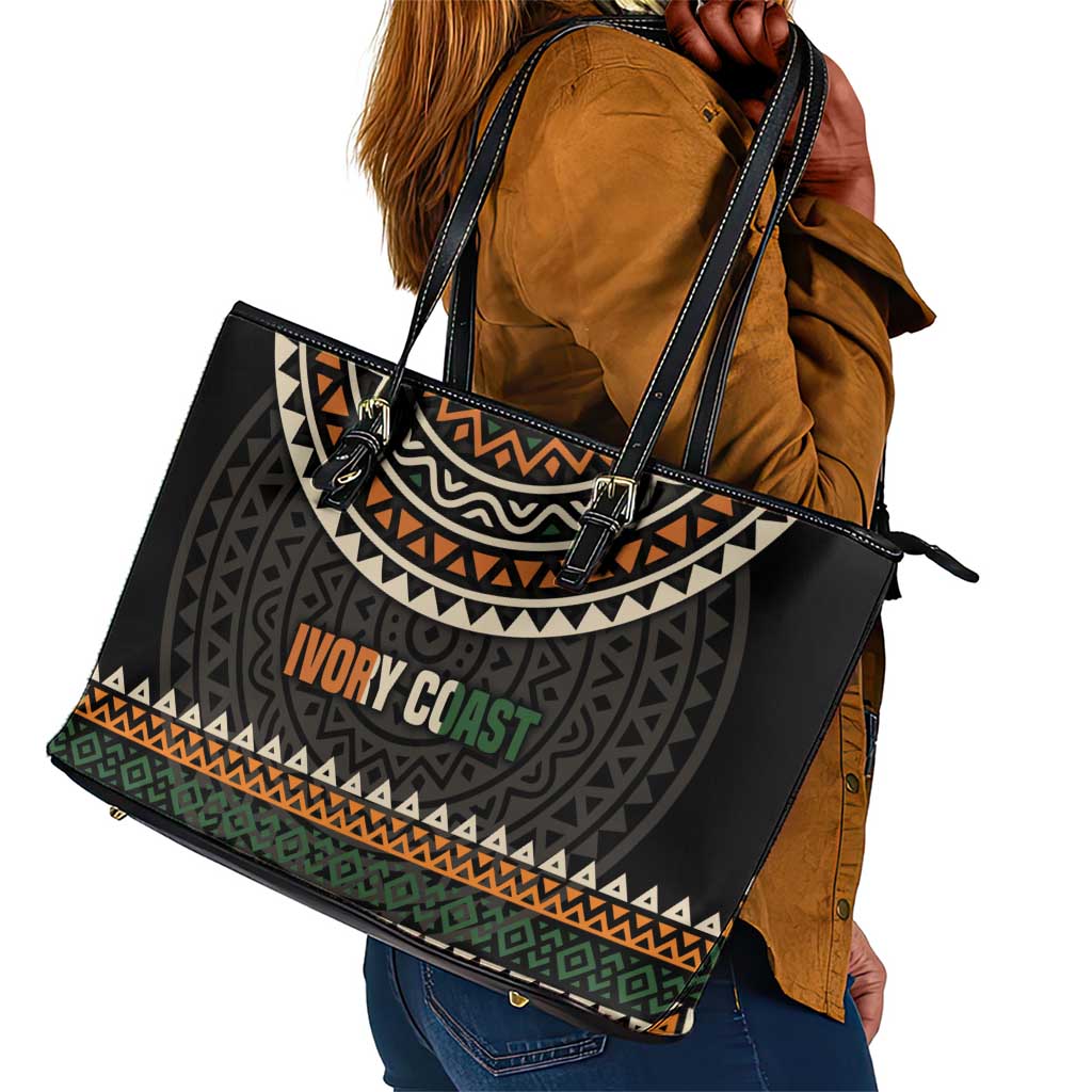 Ivory Coast African Pattern Leather Tote Bag Ethnic Geometric and National Motto - African Pride