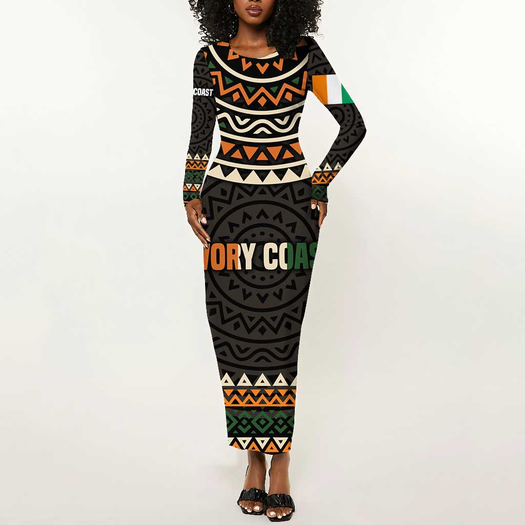 Ivory Coast African Pattern Long Sleeve Bodycon Dress Ethnic Geometric and National Motto - African Pride