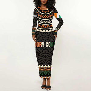 Ivory Coast African Pattern Long Sleeve Bodycon Dress Ethnic Geometric and National Motto - African Pride