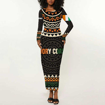 Ivory Coast African Pattern Long Sleeve Bodycon Dress Ethnic Geometric and National Motto - African Pride