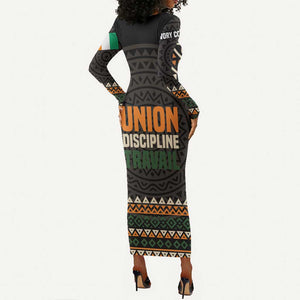 Ivory Coast African Pattern Long Sleeve Bodycon Dress Ethnic Geometric and National Motto - African Pride