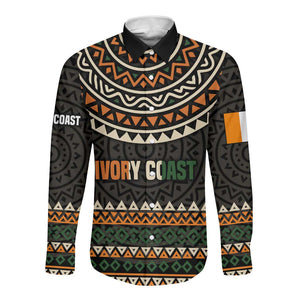 Ivory Coast African Pattern Long Sleeve Button Shirt Ethnic Geometric and National Motto - African Pride