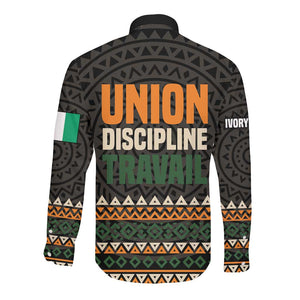 Ivory Coast African Pattern Long Sleeve Button Shirt Ethnic Geometric and National Motto - African Pride