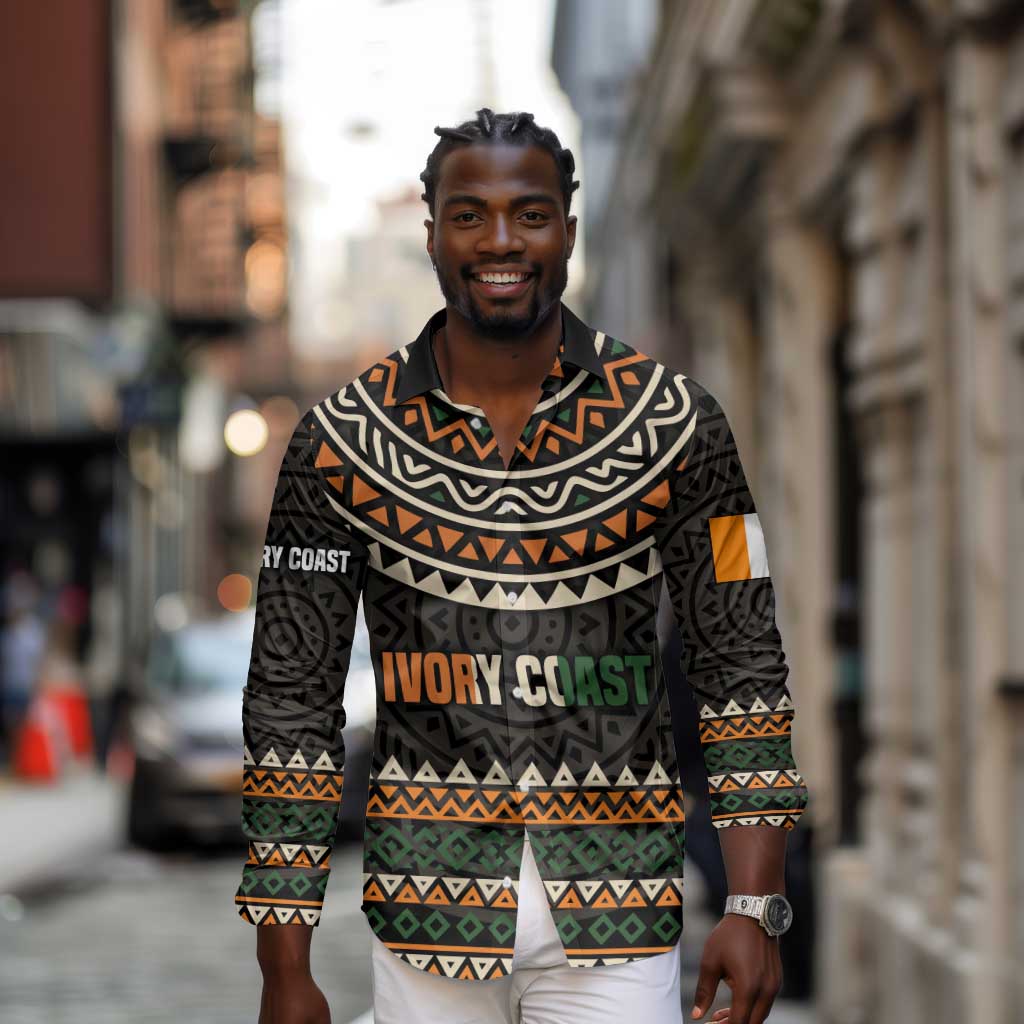 Ivory Coast African Pattern Long Sleeve Button Shirt Ethnic Geometric and National Motto - African Pride