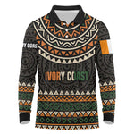 Ivory Coast African Pattern Long Sleeve Polo Shirt Ethnic Geometric and National Motto - African Pride