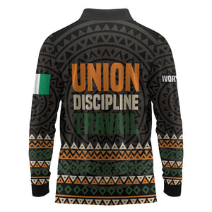 Ivory Coast African Pattern Long Sleeve Polo Shirt Ethnic Geometric and National Motto - African Pride