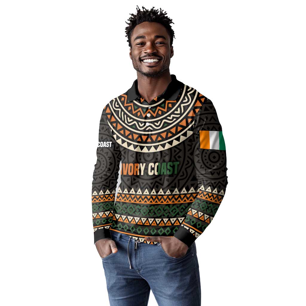 Ivory Coast African Pattern Long Sleeve Polo Shirt Ethnic Geometric and National Motto - African Pride