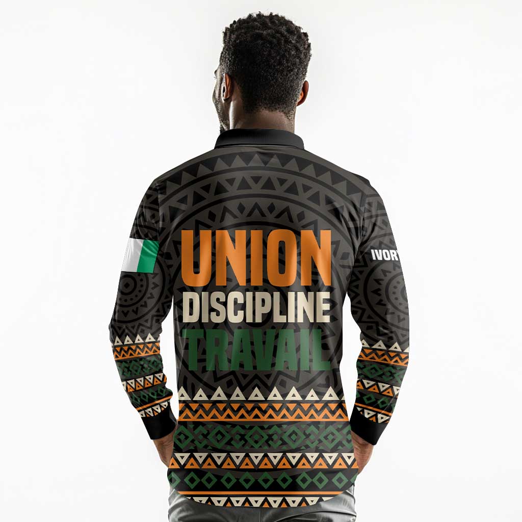 Ivory Coast African Pattern Long Sleeve Polo Shirt Ethnic Geometric and National Motto - African Pride