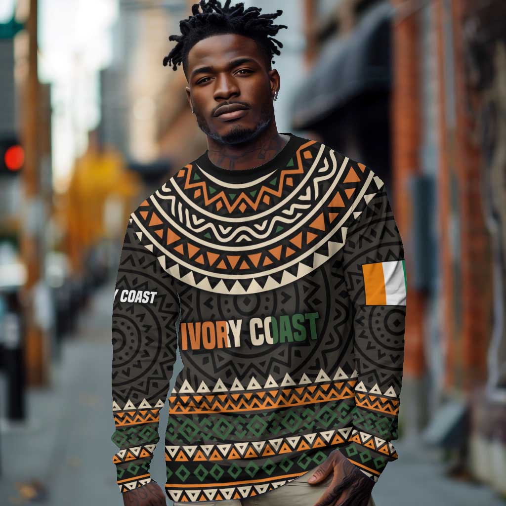 Ivory Coast African Pattern Long Sleeve Shirt Ethnic Geometric and National Motto - African Pride
