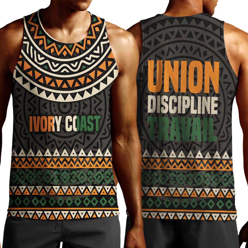 Ivory Coast African Pattern Men Tank Top Ethnic Geometric and National Motto - African Pride