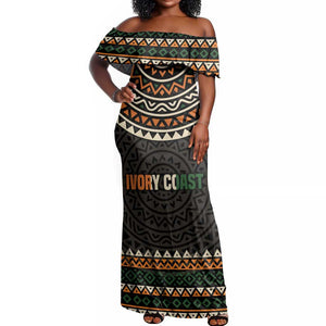 Ivory Coast African Pattern Off Shoulder Maxi Dress Ethnic Geometric and National Motto - African Pride