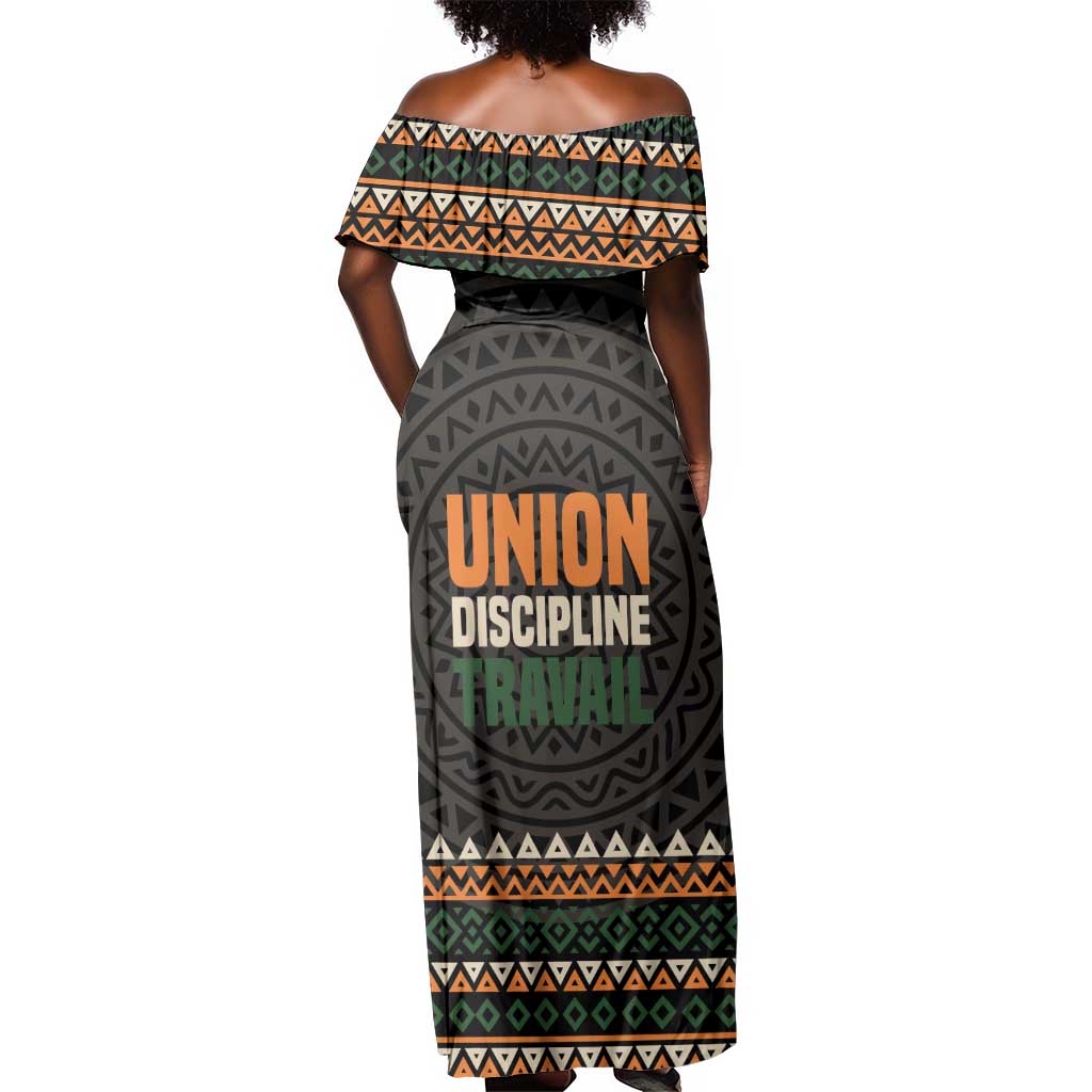 Ivory Coast African Pattern Off Shoulder Maxi Dress Ethnic Geometric and National Motto - African Pride