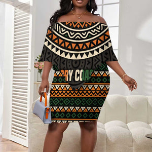 Ivory Coast African Pattern Off Shoulder Short Dress Ethnic Geometric and National Motto - African Pride