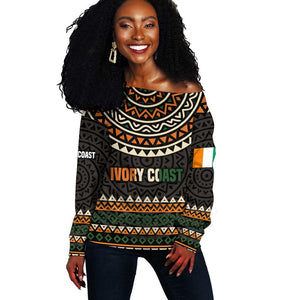 Ivory Coast African Pattern Off Shoulder Sweater Ethnic Geometric and National Motto - African Pride