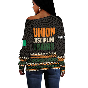 Ivory Coast African Pattern Off Shoulder Sweater Ethnic Geometric and National Motto - African Pride
