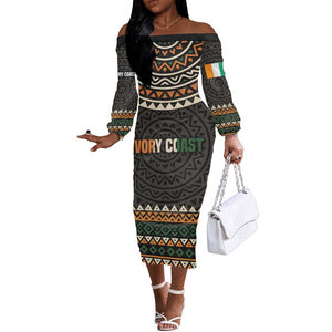 Ivory Coast African Pattern Off The Shoulder Long Sleeve Dress Ethnic Geometric and National Motto - African Pride