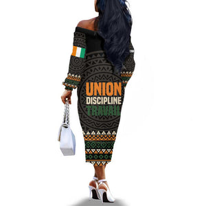 Ivory Coast African Pattern Off The Shoulder Long Sleeve Dress Ethnic Geometric and National Motto - African Pride