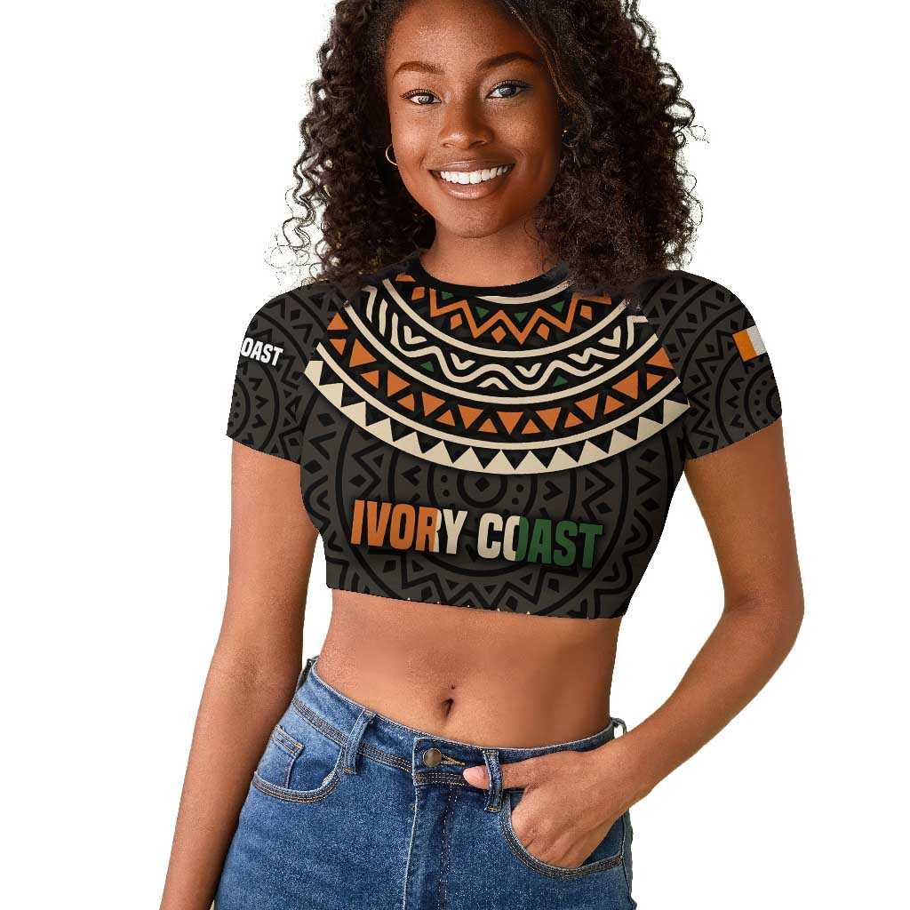 Ivory Coast African Pattern Raglan Cropped T shirt Ethnic Geometric and National Motto - African Pride