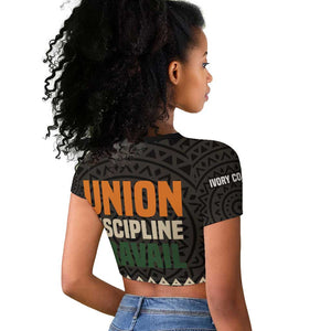 Ivory Coast African Pattern Raglan Cropped T shirt Ethnic Geometric and National Motto - African Pride