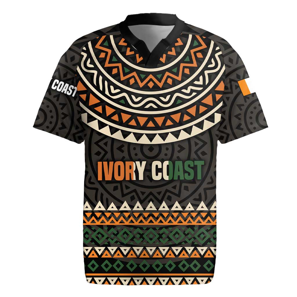 Ivory Coast African Pattern Rugby Jersey Ethnic Geometric and National Motto - African Pride