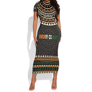 Ivory Coast African Pattern Short Sleeve Bodycon Dress Ethnic Geometric and National Motto - African Pride