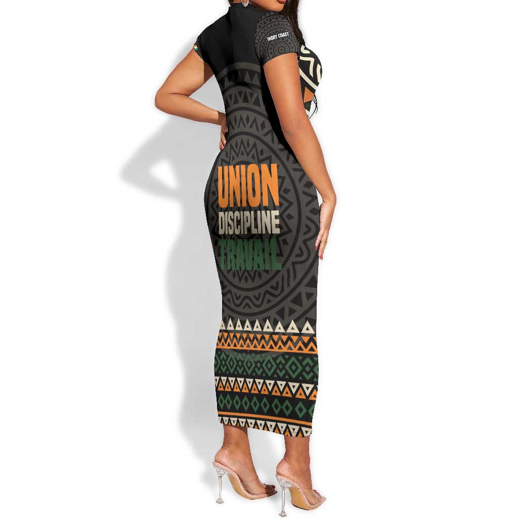 Ivory Coast African Pattern Short Sleeve Bodycon Dress Ethnic Geometric and National Motto - African Pride