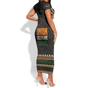 Ivory Coast African Pattern Short Sleeve Bodycon Dress Ethnic Geometric and National Motto - African Pride