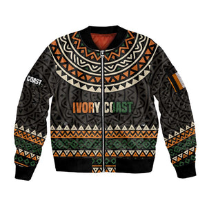 Ivory Coast African Pattern Sleeve Zip Bomber Jacket Ethnic Geometric and National Motto - African Pride