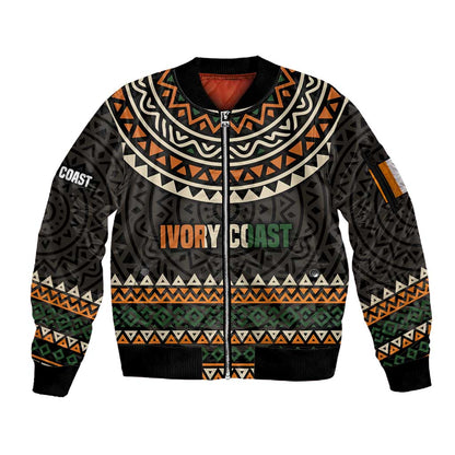 Ivory Coast African Pattern Sleeve Zip Bomber Jacket Ethnic Geometric and National Motto - African Pride