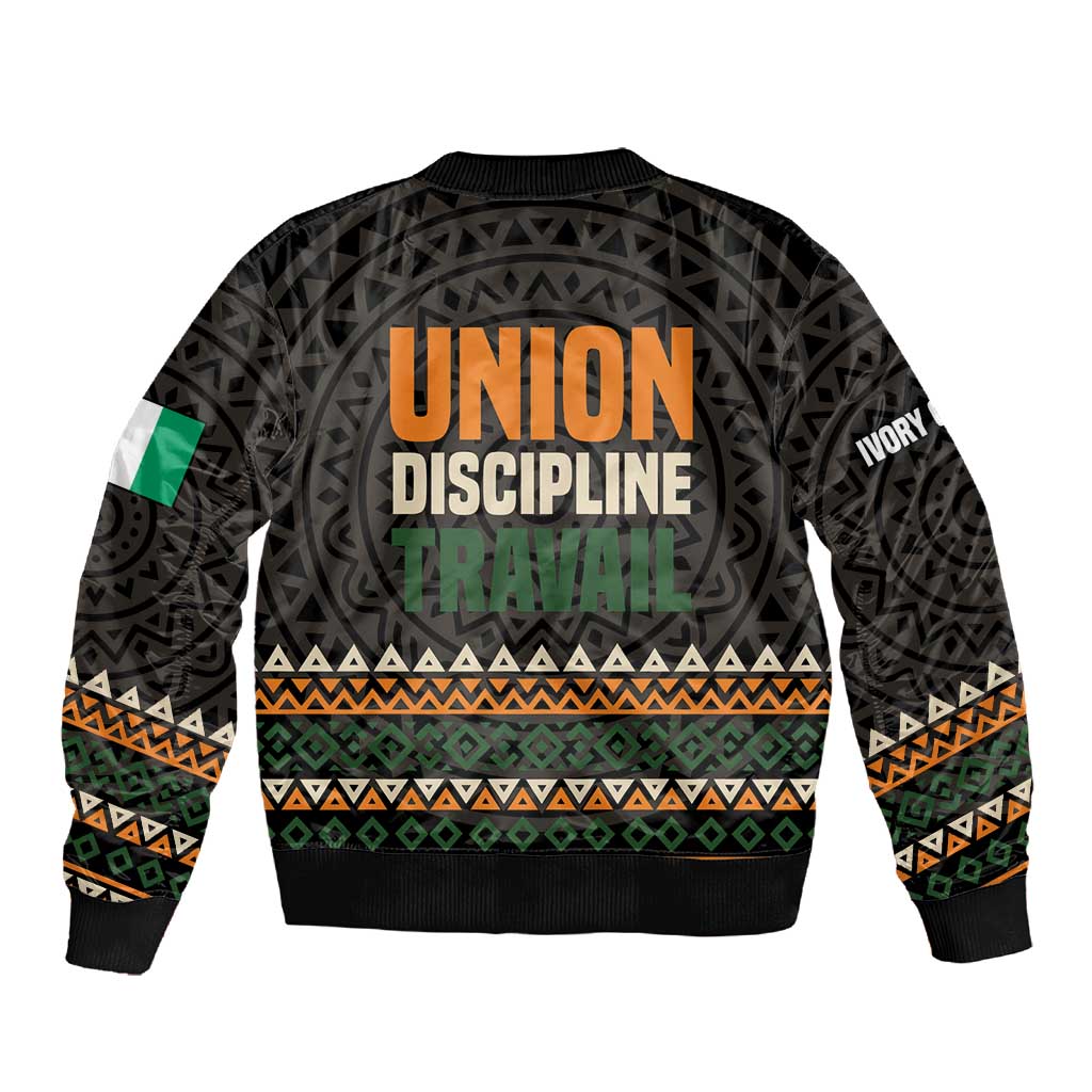 Ivory Coast African Pattern Sleeve Zip Bomber Jacket Ethnic Geometric and National Motto - African Pride