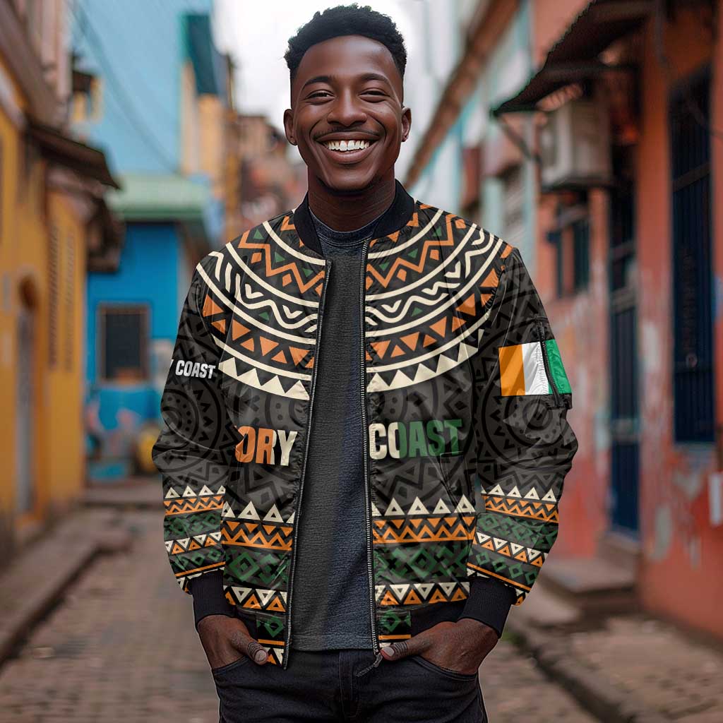 Ivory Coast African Pattern Sleeve Zip Bomber Jacket Ethnic Geometric and National Motto - African Pride