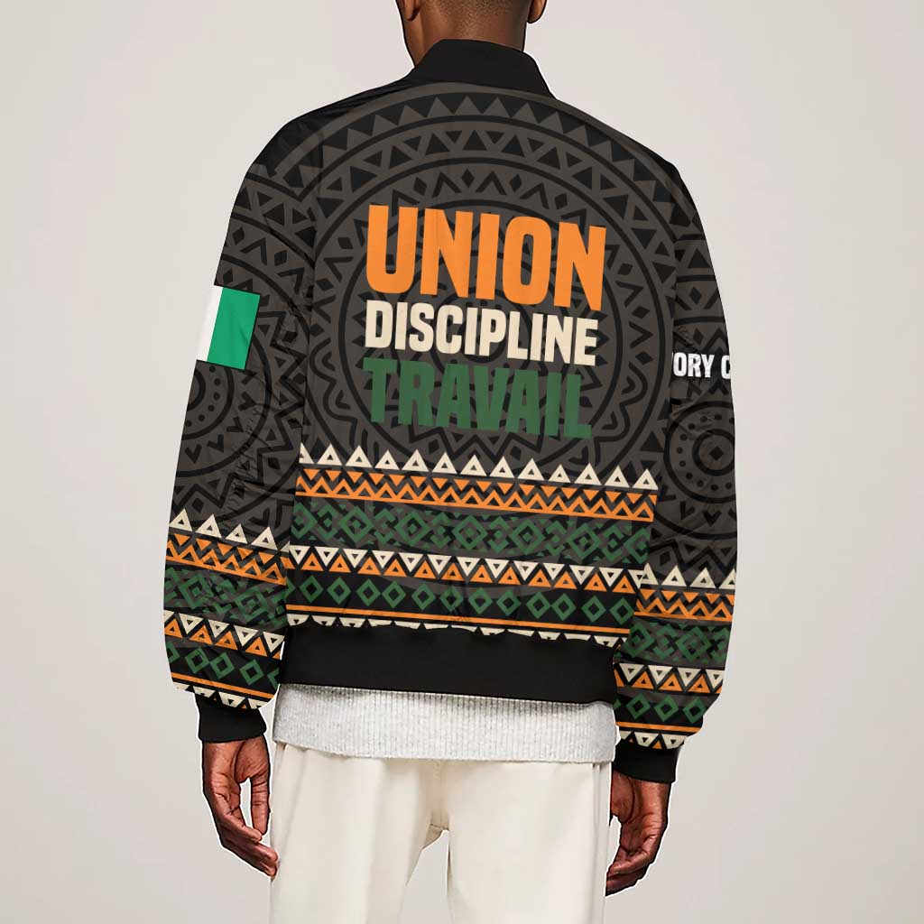 Ivory Coast African Pattern Sleeve Zip Bomber Jacket Ethnic Geometric and National Motto - African Pride
