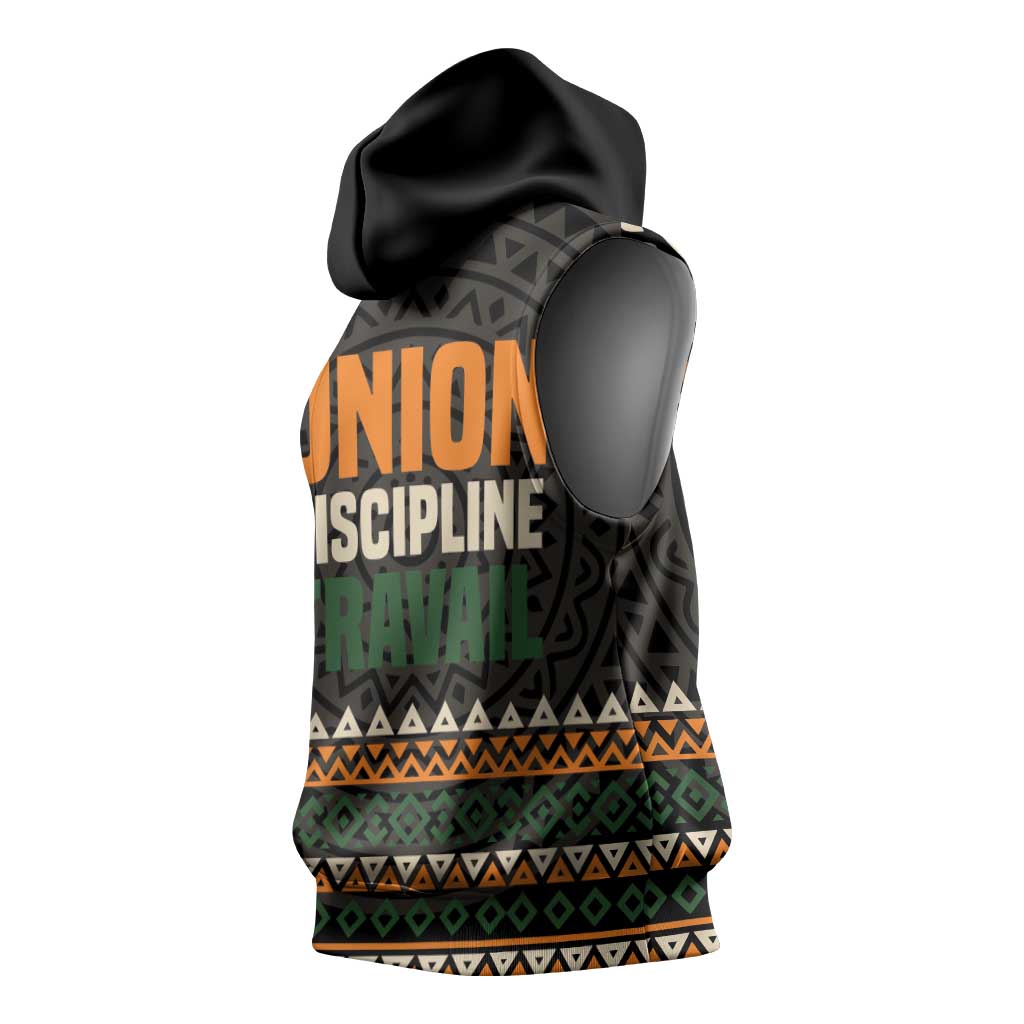 Ivory Coast African Pattern Sleeveless Hoodie Ethnic Geometric and National Motto - African Pride