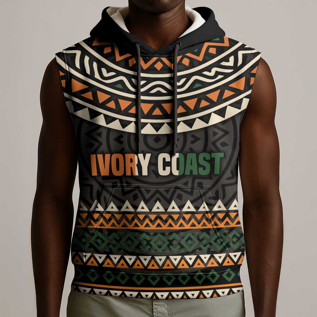 Ivory Coast African Pattern Sleeveless Hoodie Ethnic Geometric and National Motto - African Pride